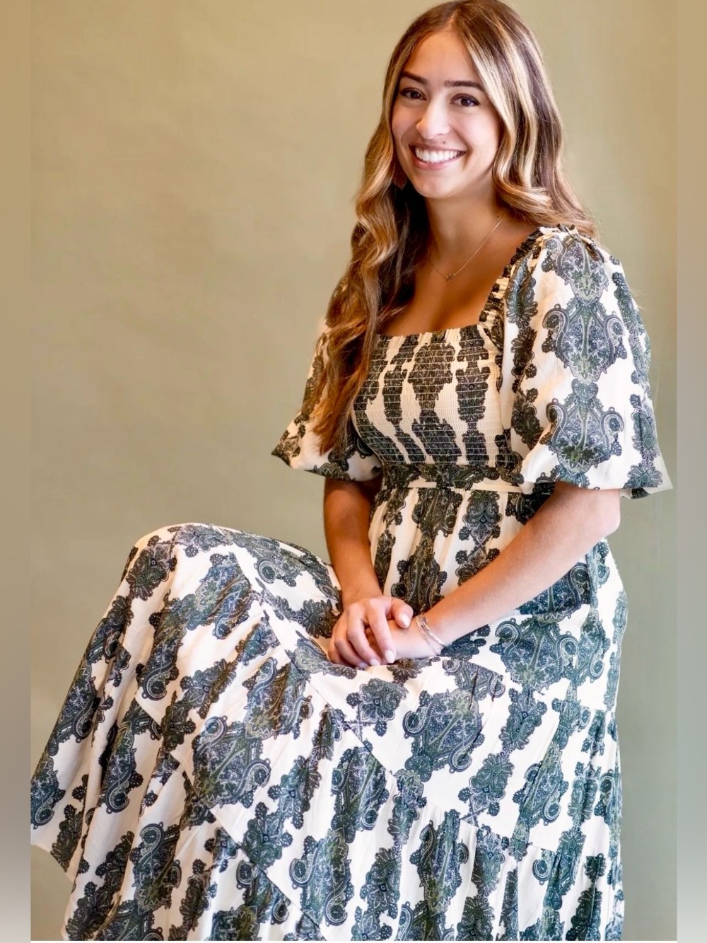 A lLoves A Smocked Maxi Dress in Cream and Green, floral, toile size medium